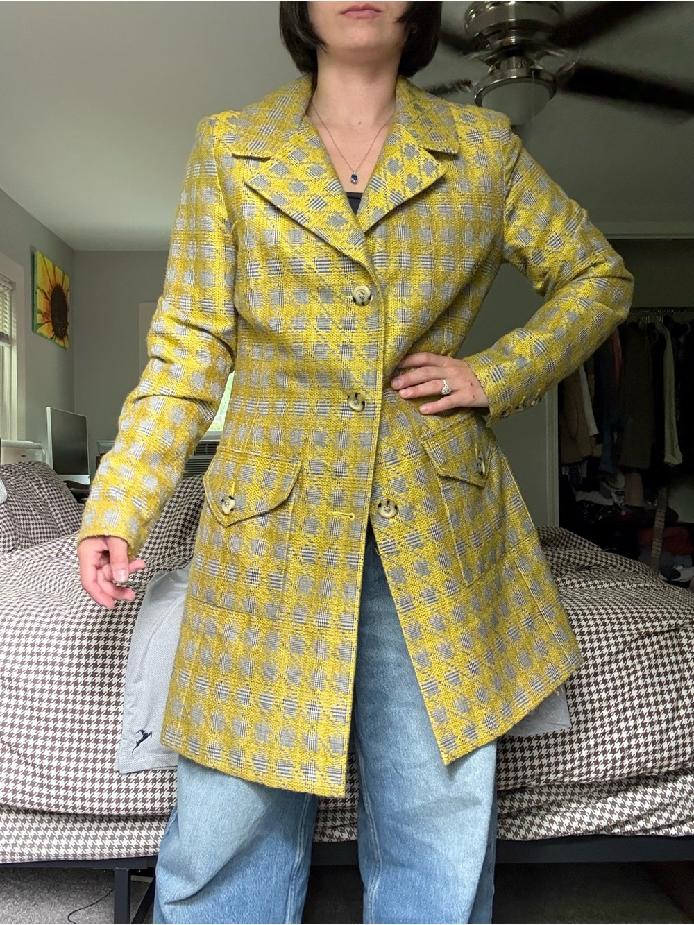 CAbi Yellow Plaid Single-Breasted Trench Coat